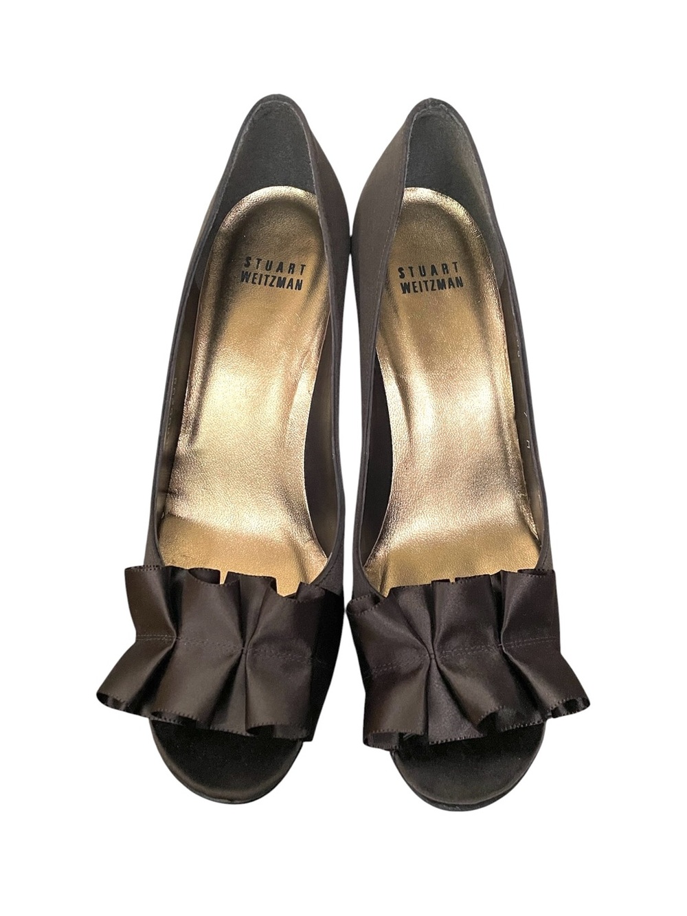 Stuart Weitzman Dark Brown Ruffle Peep-Toe Pumps 7